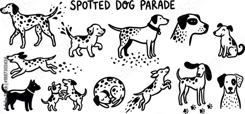 Hand drawn doodle spotted dog parade collection showing puppies and adults playing, running and posing in playful ink style illustration
