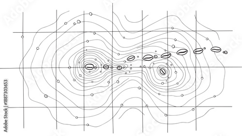 Abstract Contour Map Featuring Grid Overlays and Elevation Lines.