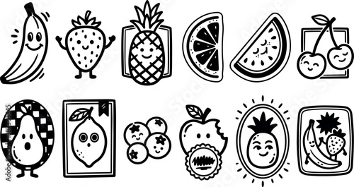 Hand drawn doodle line art smiling fruit icons sheet close up top view sticker set black and white playful outline vector