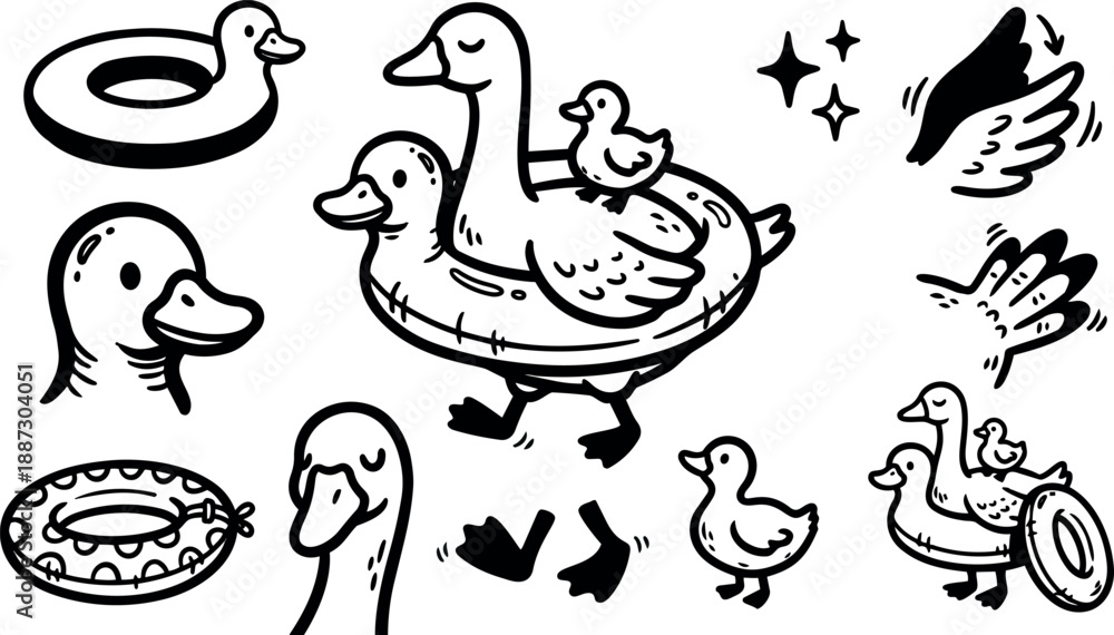 Obraz premium Whimsical kids doodle close up duck sketches with inflatable ring, mother duck and duckling walking, playful line art illustration