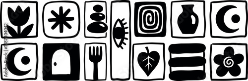 Hand drawn line art icon set showing tulip, crescent moon, eye, fork and vase in black and white horizontal grid, bold