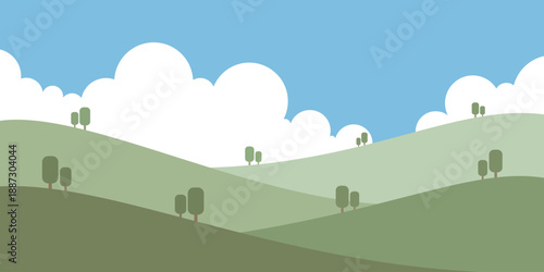 Minimal hills landscape vector with cloudy sky. Suitable for kids illustration, educational design, backgrounds, banners, and modern flat visuals.