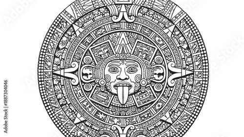 Ornate Aztec Sun Stone: Circular Calendar Carving with Deity Motifs and Sacred Symbolic Imagery.