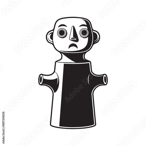Surreal monochrome cartoon figure emerging from a hollow pipe with a sad expression and bold silhouette.