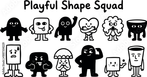 Whimsical kids doodle playful shape squad with eleven smiling cartoon characters in black and white line art poses
