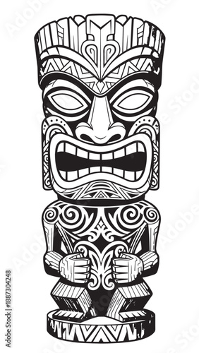 Intricate black and white tiki mask carving with tribal patterns and expressive facial features.