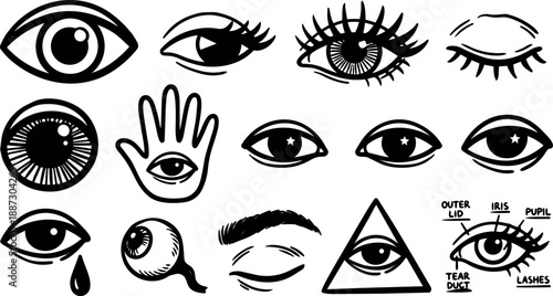 Tattoo flash set of black eye icons hand eye anatomy labels assorted eyelash designs in bold line art vector collection