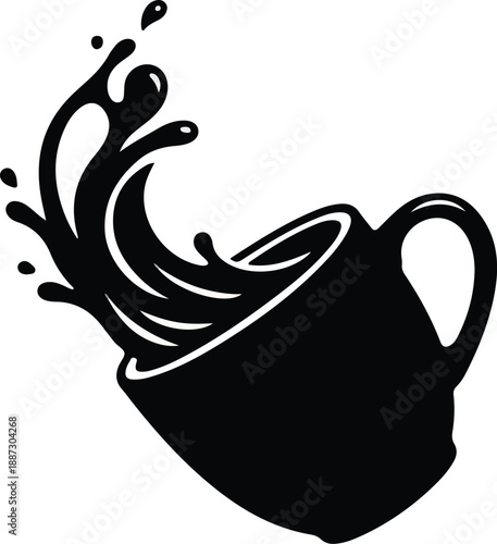 Dynamic black silhouette of a tilted coffee mug with liquid splashing vigorously, suggesting a fresh and energetic start to the morning.