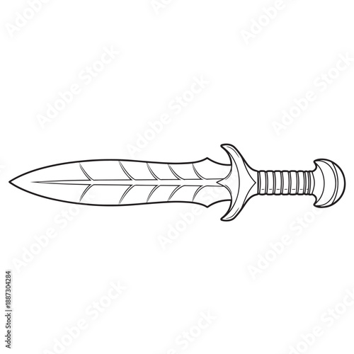Ancient dagger with ornate hilt and pointed blade in simple line drawing.