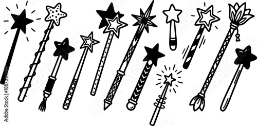 Whimsical kids doodle close up assortment of star wands and magic rods in hand drawn black ink line art playful lively illustration