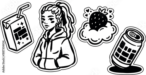 Sticker sheet line art close up of girl in hoodie looking away with juice box strawberry cloud and spilled soda can