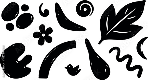 Ink brush abstract doodle shapes set close up black silhouettes assorted organic elements on white background playful flat vector icons