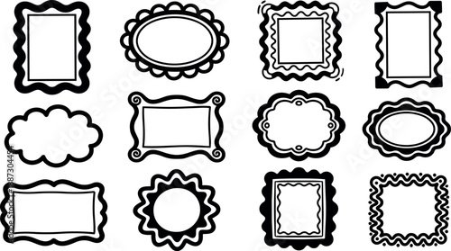Hand drawn doodle frame icon set close up assorted decorative borders and labels in black outline on white background collection variations