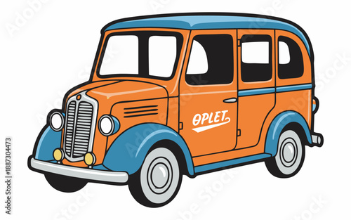 Retro Blue Oplet Car Illustration with Red Roof