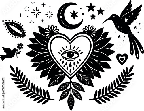 Tattoo flash heart with all‑seeing eye and moon stars hummingbird floral laurel elements close up black folk art symmetrical hand drawn design