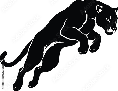 Dynamic black panther illustration, captured mid-leap with striking white highlights, its powerful form appearing silhouetted against bright natural light.