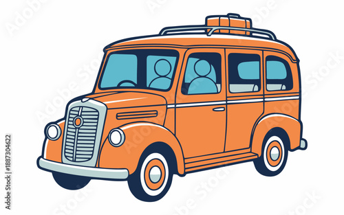 Retro Orange Minibus with Roof Rack and Passengers