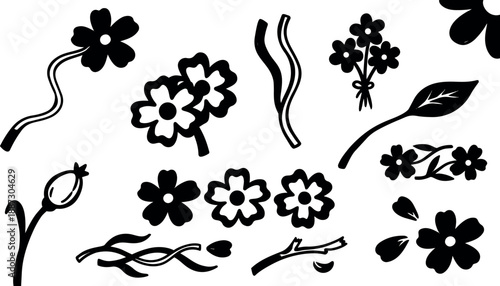 Flat design scattered floral silhouette elements close up black flower icons and stems on white background bold minimal vector graphic composition