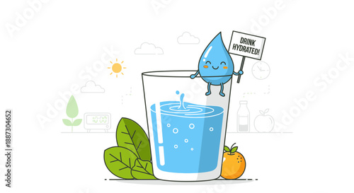 Cartoon Water Drop Character Holding Sign.
