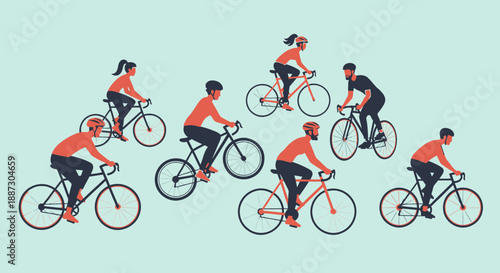 Cyclists Riding Bicycles in Various Poses.