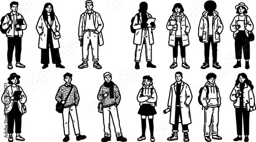 Line art illustration of diverse full body people standing in casual winter coats some holding coffee cups frontal view monochrome ink