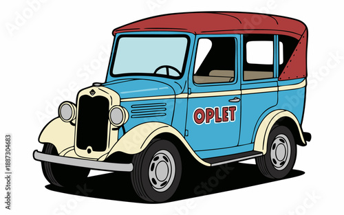 Retro Blue Oplet Car Illustration with Red Roof