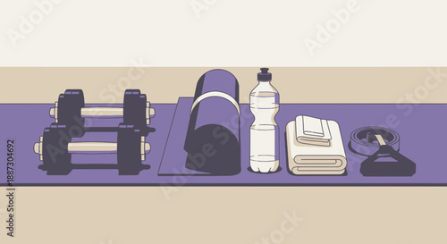 Fitness Equipment and Accessories on Purple Mat.