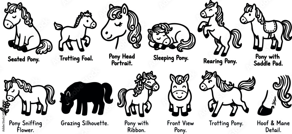 Fototapeta premium Line art pony icon set showing seated, trotting, rearing, sleeping and head portrait views with playful black ink doodle style