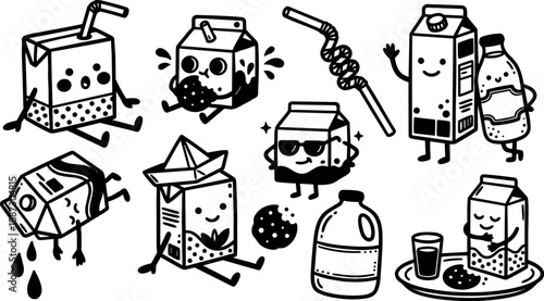 Whimsical kids doodle close up of smiling milk cartons with cookies straws and sunglasses in playful black and white composition illustration