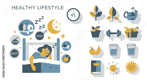 Healthy Lifestyle Illustration with Sleeping Person and Fitness.