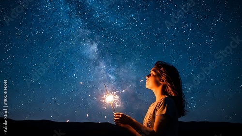 Woman holding sparkler under starry night sky for celebration