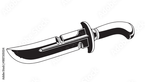 Curved knife illustration with ergonomic handle and shiny blade.