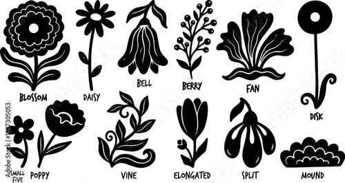 Flat design hand drawn floral icon set with blossom daisy poppy vine labeled black silhouettes on white background collection arranged neatly