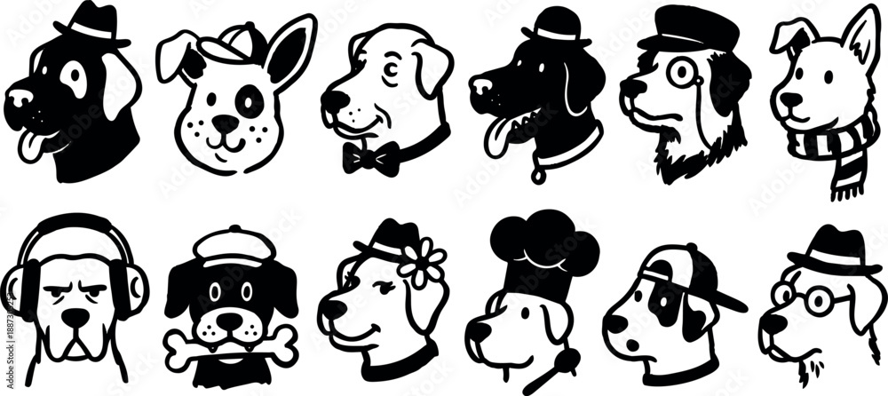 Fototapeta premium Cartoon line art row of diverse dog head icons wearing hats and accessories close up black and white vector sticker set