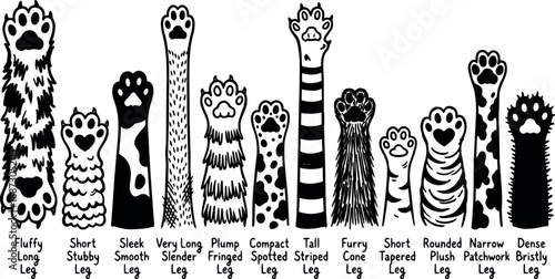 Whimsical kids doodle assortment of cat legs and raised paws with labels hand drawn black and white pen illustration closeup