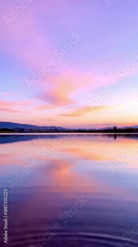 Pastel Dawn Lake A tranquil, static shot of a lake at sunrise, featuring a sky full of soft, gradient pastel hues reflecting vibrantly on the water's calm surface.