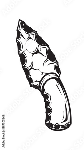 Stylized black and white knife illustration featuring a serrated blade and textured handle in high-contrast line art.