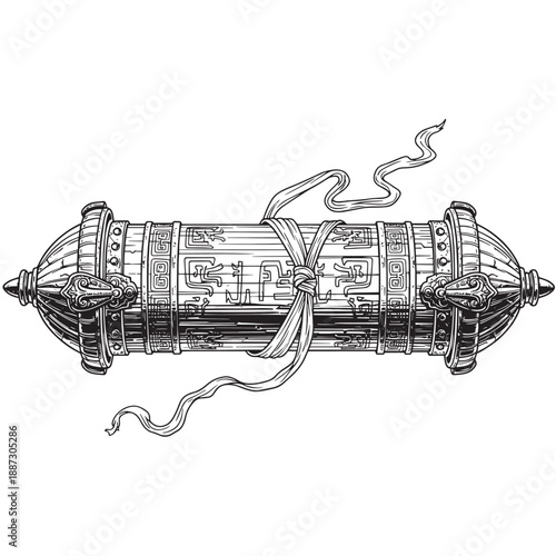 Intricately detailed vintage explosive device illustration with fuse and ropes.