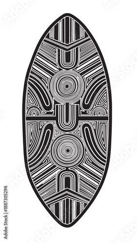 Intricate monochrome surfboard with geometric patterns and lines.