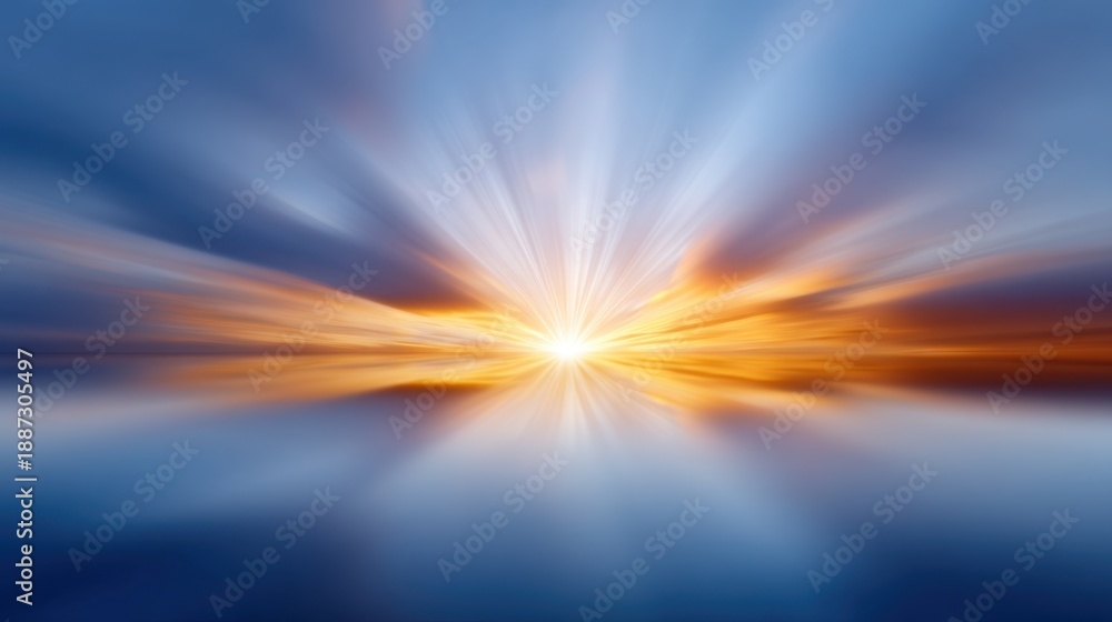 Fototapeta premium Calming Abstract Sunrise Over Water with Radiant Light and Soft Waves Reflected in Vibrant Colors of Blue, Orange, and Yellow at Dusk or Dawn