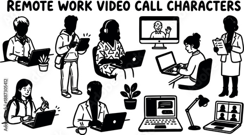 Whimsical line art remote work video call characters showing diverse people using laptops tablets and webcam in home office workspace