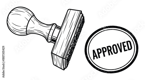 Approved black ink rubber stamp and wooden handle on transparent background