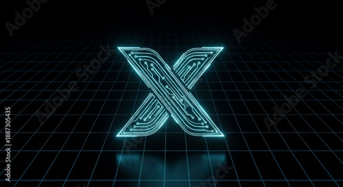 X Alphabet Monogram with Glowing Cyan Circuit Lines and 3D Digital Grid