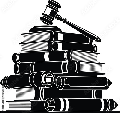 A black and white illustration of a judge's gavel resting on a tall stack of legal books and scrolls, symbolizing law and justice.