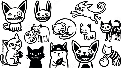 Tattoo flash playful creepy cat icons in black and white assortment showing wide grins various poses close up flat line art