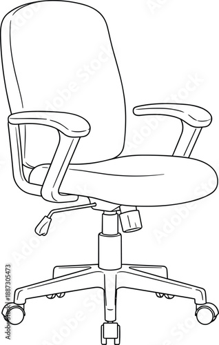 An office chair with wheels is depicted in a simple line drawing on a plain background from a slightly angled viewpoint
