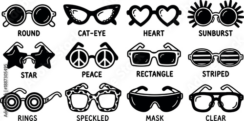 Hand drawn sunglass icon set showing frame styles labeled round cat eye heart sunburst star peace rectangle striped rings speckled