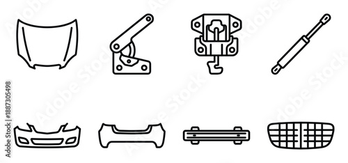 Automotive body parts collection featuring hood bumper grille and strut components