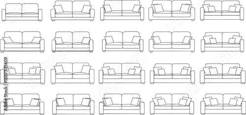 Multiple sofa designs arranged in a grid pattern showcasing various styles and configurations from a front viewpoint