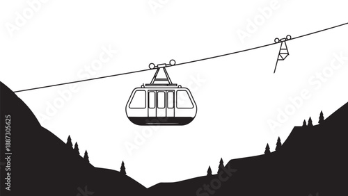 Cable car glides over forested mountains and valleys in a scenic alpine landscape.